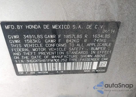 2015 Honda Fit Ex/Ex-L из США, поврежденный, VIN 3HGGK5H81FM705252